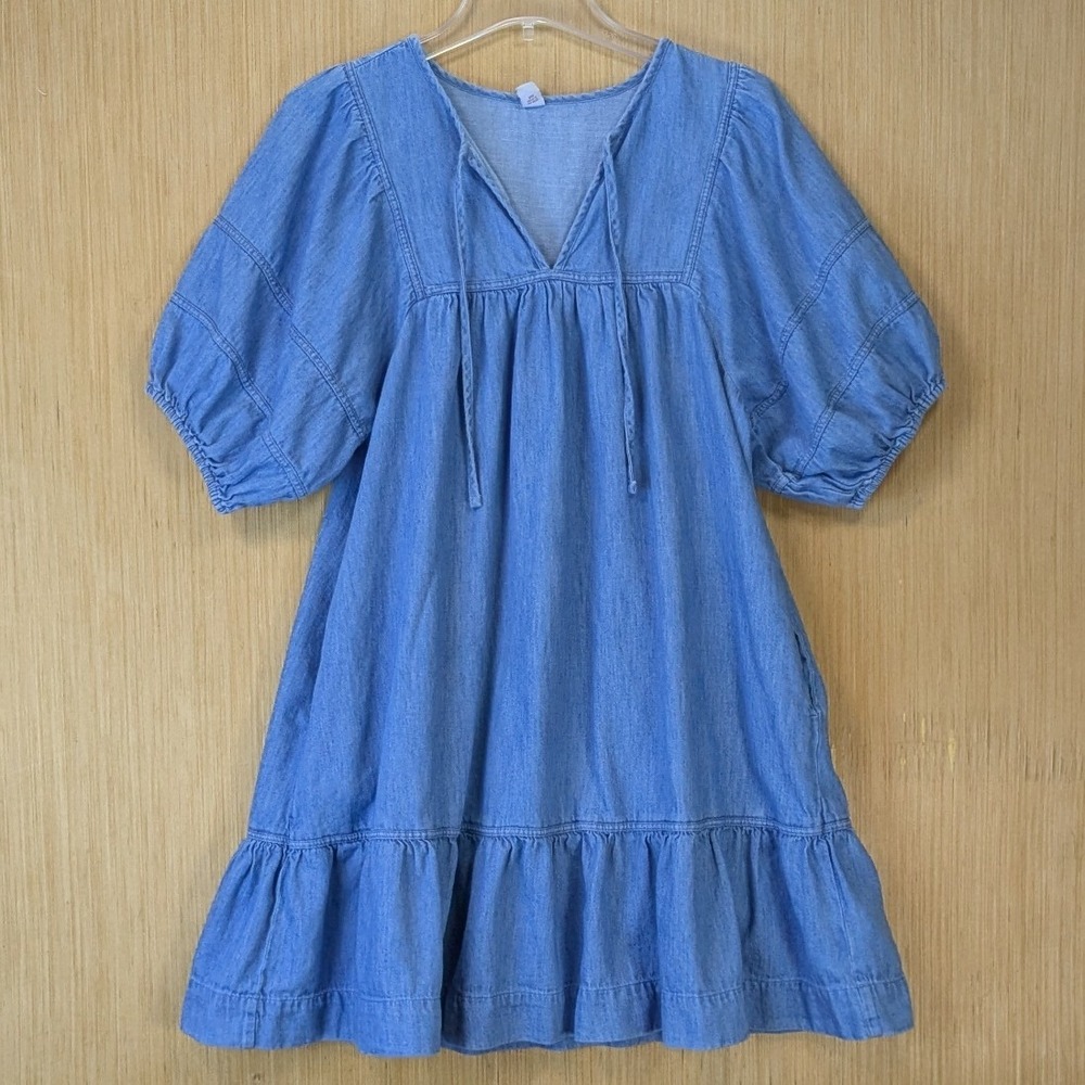 Old Navy Womens Boho Cottage Denim Tiered Puff Sleeve Babydoll Dress Size L Blue